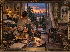 A solitary woman sits in a richly textured apartment at twilight, gazing toward a glowing city beyond open balcony doors. Warm amber lamplight meets cool blue evening tones, creating a reflective, bittersweet mood. Flowers, photographs, books, a sleeping dog, piano, and ornate vintage frame deepen the intimate, handcrafted atmosphere.