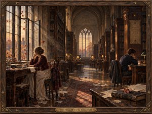A richly detailed gothic library glows with warm autumn light as two distant figures sit apart in quiet emotional tension. Towering bookshelves, arched windows, scattered papers, falling leaves, and polished wood create a reflective atmosphere. Deep browns, amber golds, and muted reds enhance the painterly, nostalgic sense of separation.