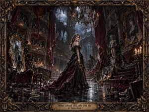A solitary woman in a torn black and crimson gown stands defiantly inside a decaying Gothic theater, surrounded by shattered mirrors, ruined portraits, roses, candles, and watchful figures. Stormlight cuts through broken windows, illuminating wet floors and ornate architecture. Deep burgundy, charcoal, bronze, and silver tones create a haunted, theatrical intensity.