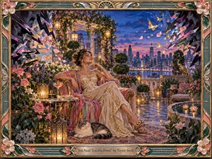 A serene woman reclines in a flower-filled rooftop garden overlooking a glowing city skyline at dusk. Warm lanterns, pink blossoms, butterflies, and a resting cat soften the scene, while jagged dark forms recede at the edges. Rich jewel tones, golden light, intricate textures, and decorative framing create confident, playful calm.