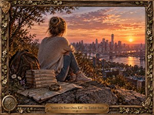 A young woman sits alone on a rocky overlook, facing a glowing city skyline at sunset. Warm amber, rose, and violet light fills the reflective river and distant buildings. A backpack, compass, map, wildflowers, and stacked books suggest growth and independence. The painterly realism feels nostalgic, hopeful, and quietly determined.
