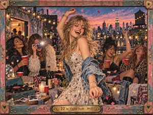 A joyful young woman dances at the center of a lively rooftop party, surrounded by laughing friends, confetti, string lights, records, photographs, and scattered drinks. Warm sunset pinks, blues, and golds illuminate the city skyline, while textured painterly details, vintage objects, and an ornate music-inspired frame create a celebratory, youthful atmosphere.