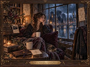 A contemplative woman sits curled in a richly textured armchair beside a rain-streaked window overlooking a glowing nighttime city. Warm candlelight contrasts with cool blue storm tones, creating an intimate, protective mood. Dark wood, burgundy fabrics, books, flowers, handwritten notes, and a sleeping cat deepen the handcrafted, romantic atmosphere.