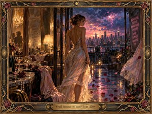 A woman in a flowing champagne gown stands on a rain-slicked rooftop terrace overlooking a glowing city beneath a turbulent violet-pink storm. Warm golden interior light contrasts with the electric sky, while scattered roses, glassware, reflections, and windblown fabric heighten the romantic tension. An ornate gilded frame completes the cinematic, painterly scene.