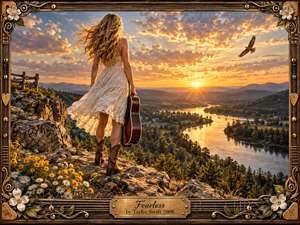 A young woman in a flowing white dress stands on a rocky overlook, holding an acoustic guitar as she faces a glowing river valley at sunset. Golden light, dramatic clouds, wildflowers, distant mountains, and a soaring bird create a hopeful, romantic mood. An ornate rustic frame completes the richly detailed painterly scene.