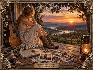 A young woman sits pensively on a weathered wooden porch beside an acoustic guitar, overlooking a glowing river valley at sunset. Warm amber light, rustic textures, scattered photographs, an open journal, flowers, and a lantern create a nostalgic, bittersweet mood. An ornate carved frame completes the richly detailed romantic composition.