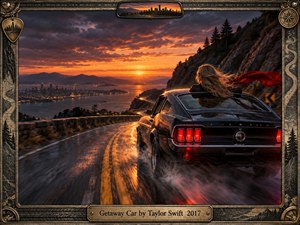 A sleek black muscle car races along a rain-slick mountain road above a glowing coastal city at sunset. A windswept woman leans from the car beneath fiery orange clouds, conveying reckless escape and emotional urgency. Rich reflections, mist, dramatic lighting, and an ornate weathered-metal frame give the digital painting cinematic intensity and romantic tension.