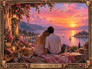 A young couple sits closely together on a flower-covered terrace overlooking a glowing lakeside town at sunset. Warm pink, gold, and lavender light fills the romantic scene, framed by mountains, sailboats, lanterns, a sleeping dog, guitar, and quilt. Rich painterly detail and an ornate vintage frame create a tender, timeless atmosphere.