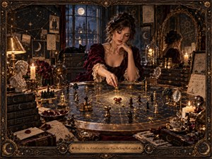 A contemplative woman in a deep burgundy dress sits at an ornate celestial strategy table, surrounded by star charts, candles, books, mirrors, and miniature figures. Warm gold light contrasts with cool moonlit windows, creating a secretive, calculated mood. Intricate brass details, dark wood, and cosmic motifs give the scene a luxurious handcrafted elegance.