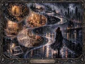 A solitary woman in a flowing black dress walks through a rain-soaked midnight city as an illuminated S-curve of memories winds behind her. Warm domestic scenes dissolve into cool blue-gray streets, moonlit towers, and reflections. Painterly textures, glowing lights, drifting rain, and ornate metal framing create a wistful, cinematic atmosphere.