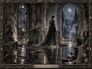 A solitary woman in a flowing black gown stands inside a ruined Gothic chapel flooded with reflective water. Moonlight pours through arched openings, illuminating wilted roses, candles, stone angels, and scattered relics. Cool silver, charcoal, and burgundy tones create a mournful, haunted atmosphere with intricate, painterly detail and dramatic depth.