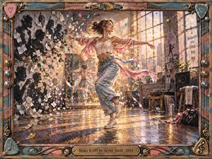 A joyful dancer spins through a sunlit urban studio, surrounded by fluttering paper, colorful ribbons, and shadowy figures dissolving behind her. Warm golden light floods worn wooden floors, while pink, teal, and cream accents create playful energy. Painterly textures, expressive motion, musical details, and an ornate handcrafted frame heighten the celebratory mood.