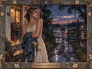 A rain-soaked young woman stands on a weathered farmhouse porch, clutching a denim jacket and white flowers as a truck disappears down a muddy country road. Twilight blues and warm lantern gold heighten the betrayal and resolve. Painterly realism, reflective puddles, storm-dark trees, and an ornate rustic frame deepen the dramatic mood.