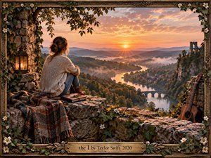 A solitary woman sits on a weathered stone overlook, gazing across a misty river valley glowing beneath a warm sunset. Autumn forests, distant ruins, a village, bridge, lantern, journal, and acoustic guitar create a reflective, nostalgic mood. Rich golden light, earthy textures, and ornate floral framing evoke handcrafted romantic realism.