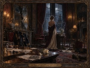 A solitary woman stands in a rain-darkened Gothic salon, facing moonlit windows amid shattered glass, scattered papers, wilted roses, and abandoned furnishings. Deep burgundy, black, bronze, and cold blue tones heighten the bitterness and isolation. Candlelight and storm light create dramatic contrast within a richly detailed, painterly Victorian atmosphere.