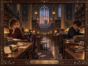 A tense young couple sit apart in a grand Gothic library, surrounded by towering bookshelves, scattered papers, and glowing brass lamps. Warm amber light contrasts with the cool blue dusk beyond arched windows, creating romantic melancholy. Rich wood, ornate carving, aged books, and an elaborate gilded frame give the scene a handcrafted, storybook quality.