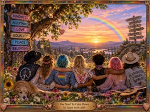 A diverse group of friends sits arm-in-arm in a wildflower meadow, overlooking a glowing sunset valley beneath a vivid rainbow. Warm lanterns, painted signs, a resting dog, and a guitar create a peaceful festival atmosphere. Rich jewel tones, golden light, painterly detail, and an ornate folk-art frame emphasize unity, acceptance, and belonging.