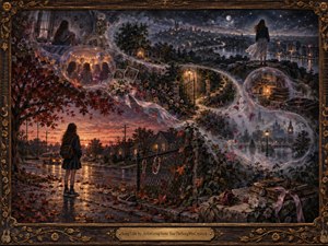 A solitary young woman stands on a rain-slick suburban street at dusk as a luminous S-shaped stream of memories winds through changing landscapes, friendships, books, flowers, and distant city lights. Deep blues, autumn reds, and warm golds create a wistful, reflective mood, framed by richly carved, antique-inspired ornamentation.