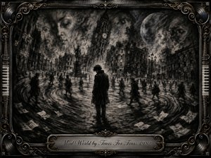 A solitary figure stands amid a swirling crowd in a bleak, distorted city square beneath looming clock towers and ghostly faces in the sky. Deep charcoal textures, smoky blacks, muted grays, and dim highlights create an anxious, dreamlike mood. An ornate black-and-gold musical frame surrounds the scene, finished with an engraved title plate.