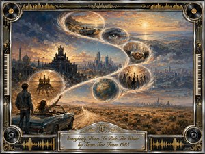 A sweeping desert highway leads toward a distant city beneath a glowing sunset, while feathered translucent spheres curl upward in an S-shaped path, revealing symbols of power, ambition, memory, and freedom. Warm golds, smoky blues, and burnished browns create a reflective oil-painted atmosphere, framed by chrome, records, keyboards, and elegant gold detailing.