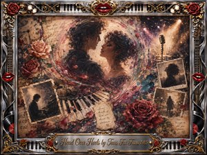 A romantic, dreamlike collage centers on two lovers facing closely within swirling painterly light, surrounded by roses, piano keys, vintage photographs, handwritten notes, and a glowing stage microphone. Warm sepia, crimson, gold, and charcoal tones create nostalgic intensity, framed by ornate chrome, gold filigree, musical details, and bright red lips.