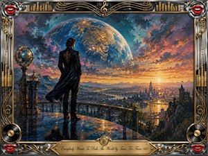 A solitary figure in a dark coat overlooks a glowing city beneath an immense golden-blue world, suggesting ambition, power, and uneasy reflection. Rich oil-painted textures blend deep navy, amber, and fiery sunset tones. An ornate chrome-and-gold musical frame, vinyl records, red lips, and engraved title plate complete the dramatic composition.
