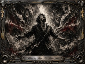 A lone figure erupts in a raw, anguished cry amid a storm of charcoal-black textures, fractured light, and pulsing sound-wave forms. Deep reds and metallic gold accents cut through the smoky monochrome palette. Dramatic overhead illumination intensifies the emotional release, while microphones, speakers, cables, lightning motifs, and an ornate industrial frame amplify the powerful 1980s atmosphere.