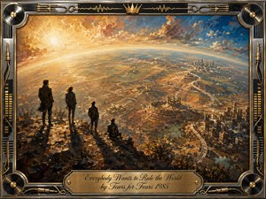 Four silhouetted figures stand on a rocky overlook above a sprawling futuristic world at golden hour, contemplating power, ambition, and control. Warm amber sunlight contrasts with deep blue skies and shadowed terrain. Rich oil-paint textures, sweeping perspective, distant cities, winding roads, and an ornate music-themed metallic frame create a grand, reflective atmosphere.