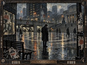 A solitary figure stands in a rain-soaked urban plaza, surrounded by anonymous commuters, stark concrete architecture, and glowing underground entrances. Muted grays, black, and amber reflections create a bleak, introspective mood. Painterly textures, cracked surfaces, masked faces, and distressed signage reinforce alienation, while the ornate industrial frame deepens the somber atmosphere.