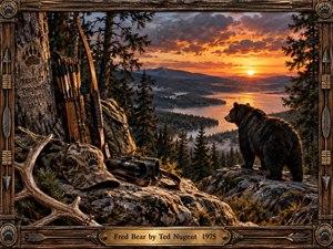A richly detailed wilderness painting shows a black bear overlooking a glowing mountain lake at sunset, framed by dark evergreens and rugged rocks. Warm orange light contrasts with deep forest shadows, while a bow, arrows, binoculars, antler, and weathered hunting gear create a reflective, reverent outdoor mood.