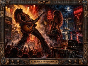 A wild-haired guitarist drives a smoky roadhouse stage with fierce energy as a woman watches beside a neon-lit highway. Amber, crimson, black, and electric blue divide the scene between fire and moonlight. Thick painterly textures, wet reflections, amplifiers, a muscle car, and guitar-themed framing create a seductive 1970s rock atmosphere.