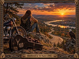 A lone biker sits on a rocky overlook beside a chrome motorcycle and worn guitar case, gazing across a winding highway toward a riverside town at sunset. Warm orange light fills the autumn valley, creating a reflective, homeward mood. Detailed realism, rugged textures, an eagle, and a guitar-inspired frame reinforce freedom and nostalgia.