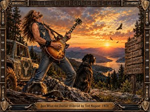 A wild-haired guitarist plays against a glowing mountain sunset, surrounded by rugged wilderness, a weathered truck, loyal dog, and rustic signposts. Warm amber light, deep forest shadows, and dramatic clouds create a rebellious, high-energy mood. Detailed realism and a guitar-themed metal frame reinforce the hard rock character.