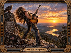 A long-haired guitarist stands on a rocky mountain overlook at sunset, framed by rugged forests and a winding golden river. Fiery orange light and dramatic clouds create a triumphant, rebellious mood. Detailed photographic realism, weathered guitar hardware, an eagle, road-worn case, and rustic signage reinforce the hard-rock atmosphere.