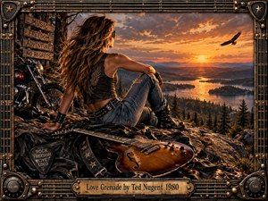 A rugged rock-inspired scene shows a woman seated on a mountain overlook at sunset, surrounded by forest, water, a motorcycle, and an electric guitar. Warm orange light, dramatic clouds, and metallic guitar-string framing create a rebellious, adventurous mood with richly detailed, cinematic realism and vintage hard-rock styling.