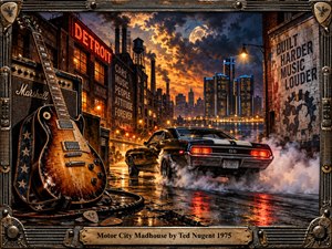 A roaring Detroit night scene captures raw 1970s rock energy with a battered electric guitar, smoking muscle car, factories, skyline, and glowing riverfront. Fiery orange clouds clash with deep blue shadows and neon reflections. Detailed digital realism, metallic textures, wet pavement, and an elaborate guitar-themed frame create a fierce industrial mood.