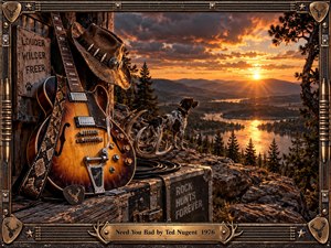 A weathered electric guitar, cowboy hat, road case, and hunting dog overlook a sweeping mountain lake at fiery sunset. Warm amber light, rugged timber, antler details, and distressed metal create a bold 1970s rock atmosphere. The cinematic composition blends wilderness freedom, restless energy, and nostalgic Americana with richly textured realism.