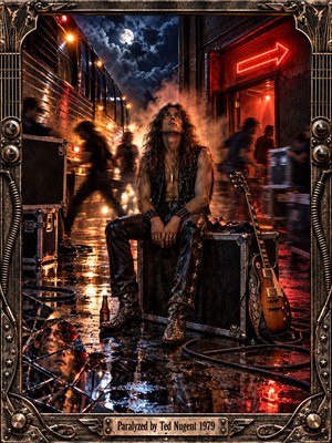 A long-haired rocker sits motionless on a road case in a rain-slick backstage alley, surrounded by blurred figures, glowing red lights, smoke, and reflective puddles. Moonlight cuts through storm clouds above, creating tense cinematic contrast. A leaning electric guitar, shattered mirror reflections, and ornate metal frame reinforce restless hard-rock intensity.