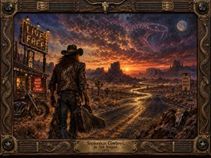 A lone leather-clad cowboy stands beside a desert bar and motorcycle, facing a winding highway beneath a fiery sunset. A ghostly serpent coils across the stormy sky, adding menace and swagger. Rich amber, rust, blue, and black tones evoke gritty 1970s hard rock, framed by weathered wood, brass, strings, and snake motifs.