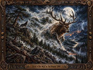 A massive stag charges through a stormy moonlit wilderness, emerging from swirling mist above rugged pines, cliffs, and distant waterfalls. Deep blues, earthy browns, silver highlights, lightning, and ember glows create primal energy. Rich oil-paint textures and an ornate wood-and-bronze guitar-themed frame reinforce the untamed rock atmosphere.