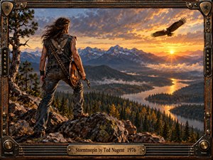 A rugged guitarist stands on a rocky overlook above a vast mountain valley at sunset, framed by weathered wood and metallic instrument details. Golden light cuts through dramatic clouds as an eagle soars over winding water and dark forests. The detailed painterly style conveys freedom, power, defiance, and expansive 1970s rock energy.