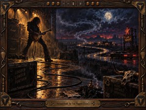 A lone guitarist commands a rain-slicked nighttime stage as glowing cables and a winding road pull the eye toward distant desert lights. Deep blues, smoky purples, amber spotlights, and red neon create a brooding, hypnotic mood. Rich oil-paint texture, storm clouds, amplifiers, road cases, and an ornate guitar-themed frame reinforce the heavy 1970s atmosphere.