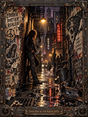 A lone leather-clad figure stands in a rain-soaked city alley glowing with amber lamps and red neon. Torn posters, graffiti, fire escapes, trash cans, steam, and wet pavement create a gritty 1970s urban mood. Cinematic photographic realism, deep shadows, metallic textures, and an amplifier-inspired frame intensify the raw atmosphere.