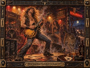 A wild long-haired guitarist dominates a smoky 1970s roadhouse, surrounded by glowing amplifiers, prowling wildlife, barroom shadows, and restless nightlife. Fiery amber and crimson stage lights cut through drifting haze, creating a dangerous, seductive mood. Rich oil-paint textures and the guitar-inspired carved frame reinforce the hard-rock swagger.