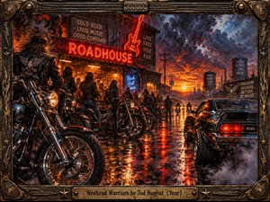 A rain-slicked roadhouse glows beneath a fiery stormy sunset as bikers, motorcycles, and a black muscle car gather in charged weekend revelry. Red neon, chrome reflections, smoky shadows, and wet pavement create rebellious energy. Rich oil-paint textures and a rugged guitar-inspired metal frame reinforce the late-1970s hard-rock atmosphere.