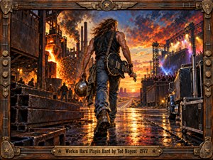 A rugged long-haired guitarist strides between a blazing steel mill and an outdoor rock stage, merging labor and performance into one energetic scene. Fiery orange sparks, smoky blue skies, wet pavement reflections, and dramatic sunset light create a muscular 1970s hard-rock atmosphere, framed by weathered wood, metal hardware, strings, and engraved details.