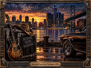A weathered electric guitar and vintage muscle car frame Detroits glowing waterfront skyline beneath a fiery orange sunset. Reflections shimmer across wet pavement, while a cowboy hat and rugged equipment case evoke rebellious rock heritage. Intricate metallic framing and an engraved brass title plate complete this richly detailed cinematic artwork.