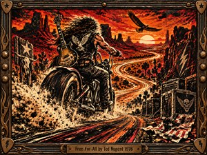 A long-haired biker with a guitar strapped to his back races along a winding desert highway beneath a fiery orange sunset. Dust erupts behind the motorcycle as an eagle circles above red mesas. Bold, distressed screen-print textures, deep black shadows, and an ornate bronze frame evoke rebellious 1970s rock energy.