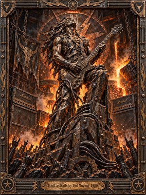 A towering metal guitarist commands a fiery industrial stage above a crowd of raised hands. Molten orange light, flying sparks, and swirling smoke illuminate bronze armor, tangled cables, and towering amplifiers. Dramatic sculptural textures and deep shadows create fierce energy, framed by ornate riveted steel and guitar-inspired details.