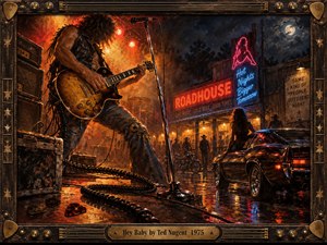 A wild-haired guitarist dominates a smoky roadhouse scene, his golden electric guitar blazing beneath fiery orange stage lights. Across rain-slick pavement, neon signs illuminate a vintage muscle car and shadowy figures under a moonlit sky. Thick, expressive brushwork and a guitar-themed bronze frame capture gritty 1970s rock swagger.